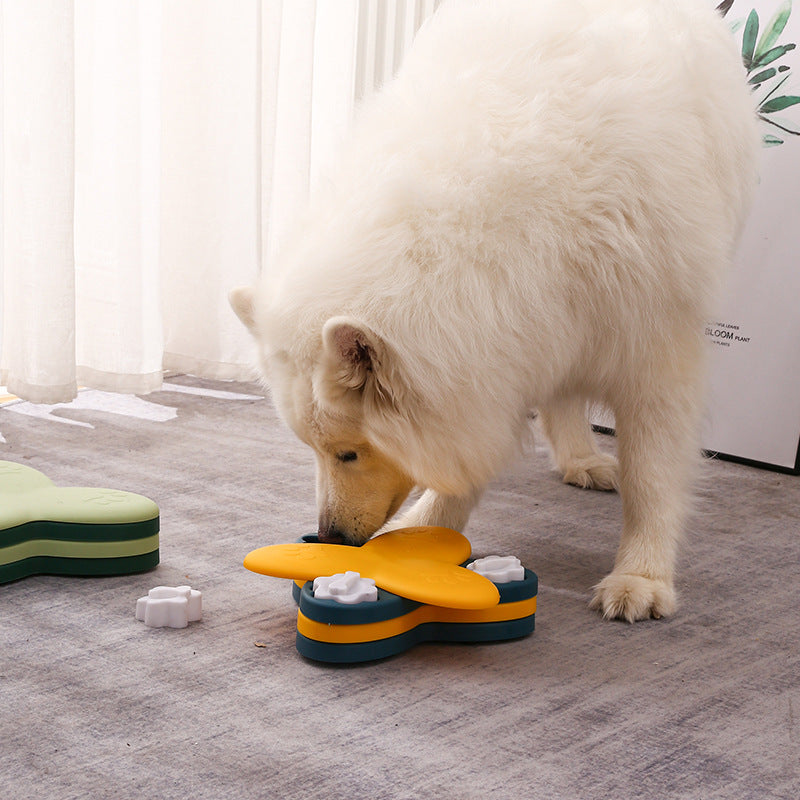 HKM-9814973 Spinning Dog Slow Food Toy - Engaging Feeding Carousel for Chew and Play, 600g, Yellow & Green