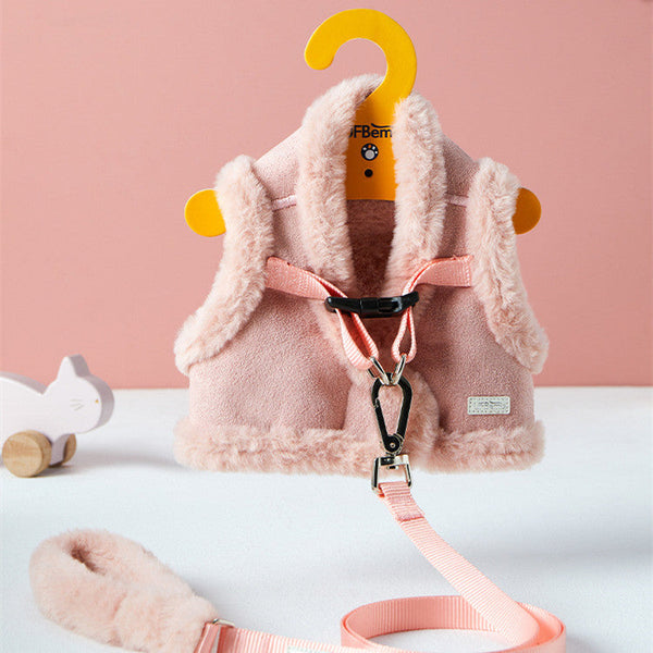 HKM-9828029 Warm Pet Vest with Adjustable Chest Strap and Traction Rope - Available in Pink and Gray