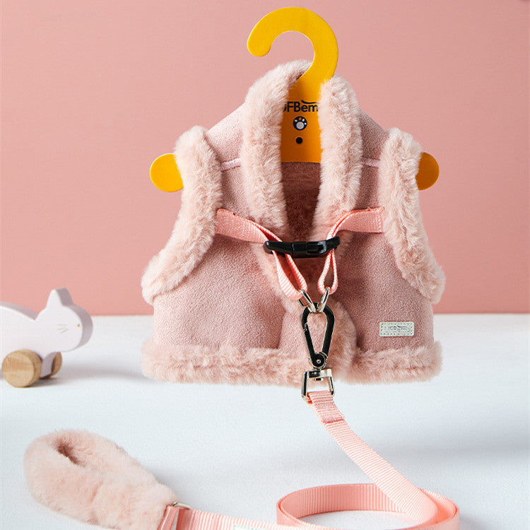 HKM-9828029 Warm Pet Vest with Adjustable Chest Strap and Traction Rope - Available in Pink and Gray