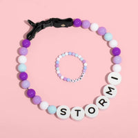 HKM-9828285 Personalized Beaded Dog Collar and Bracelet Set with Custom Name and Pearl Design
