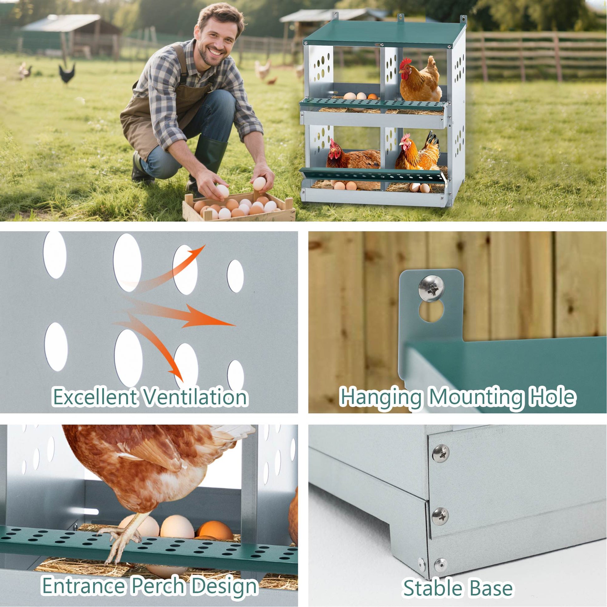 HKM-9829309 4-Compartment Metal Nesting Box for Chickens - Wall Mounted Egg Laying Coop with Ventilation and Easy Cleaning