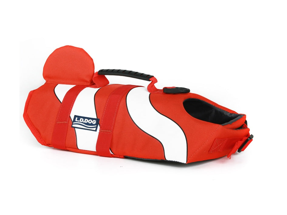 HKM-9829821 Pet Life Jacket for Swimming - Durable 600D Polyester Oxford Cloth, High Density Foam, Available in Pink, Mermaid Gray, Shark Red, and Clownfish Colors