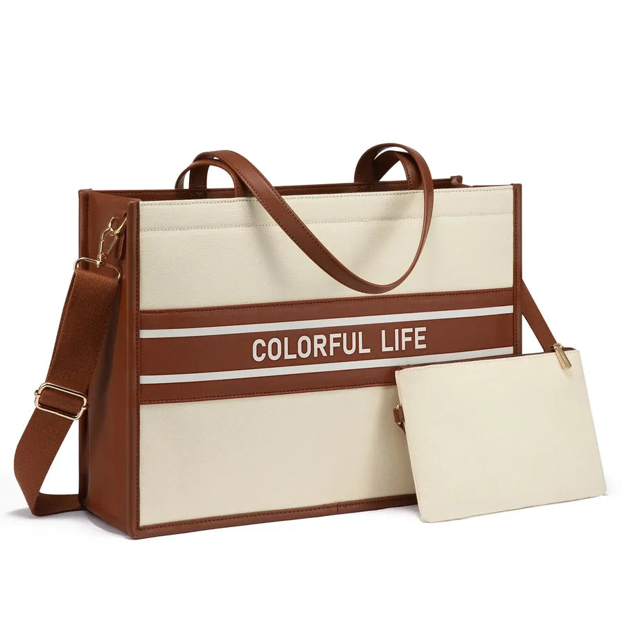 HKM-983379 Women's Canvas Tote Bag and Shoulder Bag Set with Clutch Purse - Stylish Handbags for Everyday Use
