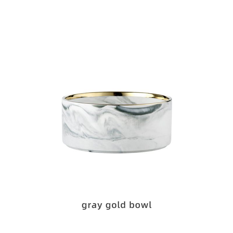 HKM-9837373 Stylish Ceramic Pet Bowls with Wooden Stands in Various Marble Patterns