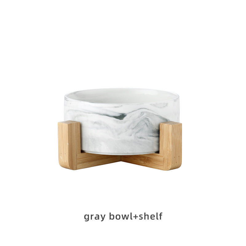 HKM-9837373 Stylish Ceramic Pet Bowls with Wooden Stands in Various Marble Patterns