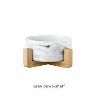 HKM-9837373 Stylish Ceramic Pet Bowls with Wooden Stands in Various Marble Patterns