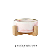 HKM-9837373 Stylish Ceramic Pet Bowls with Wooden Stands in Various Marble Patterns