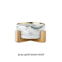 HKM-9837373 Stylish Ceramic Pet Bowls with Wooden Stands in Various Marble Patterns