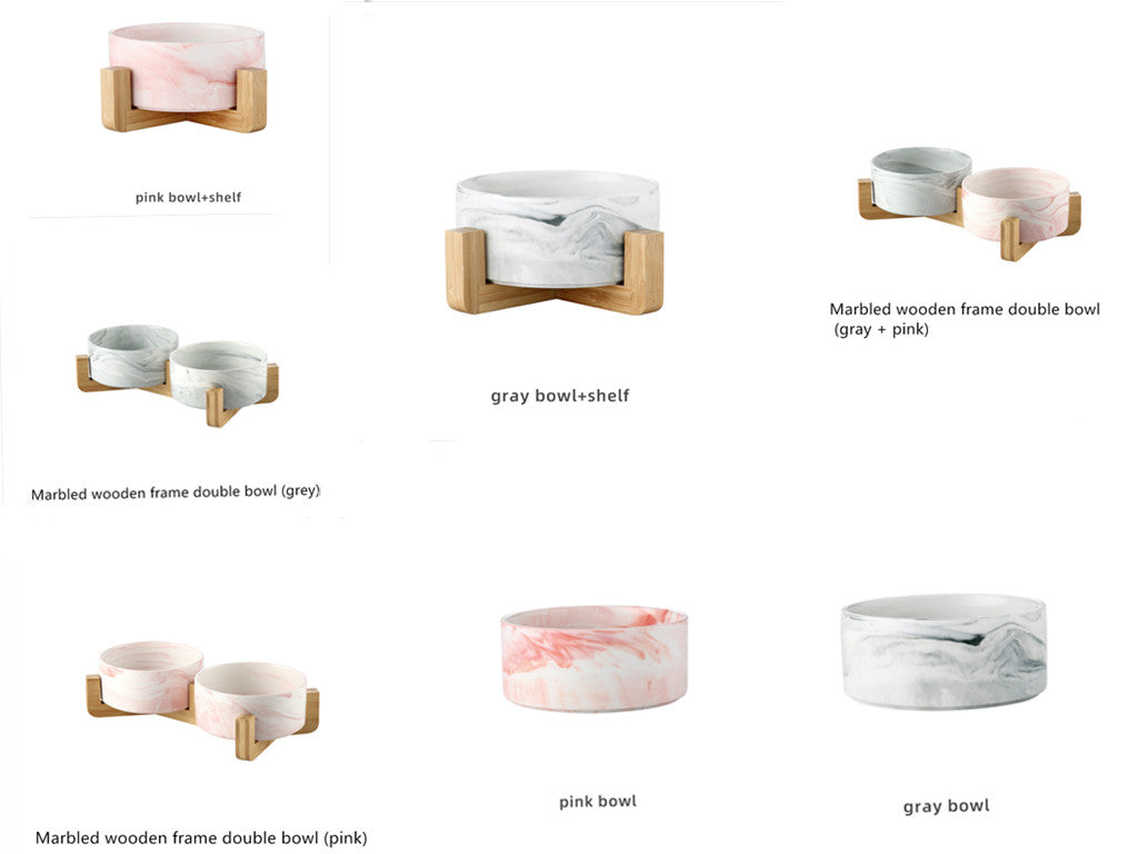 HKM-9837373 Stylish Ceramic Pet Bowls with Wooden Stands in Various Marble Patterns