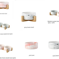 HKM-9837373 Stylish Ceramic Pet Bowls with Wooden Stands in Various Marble Patterns