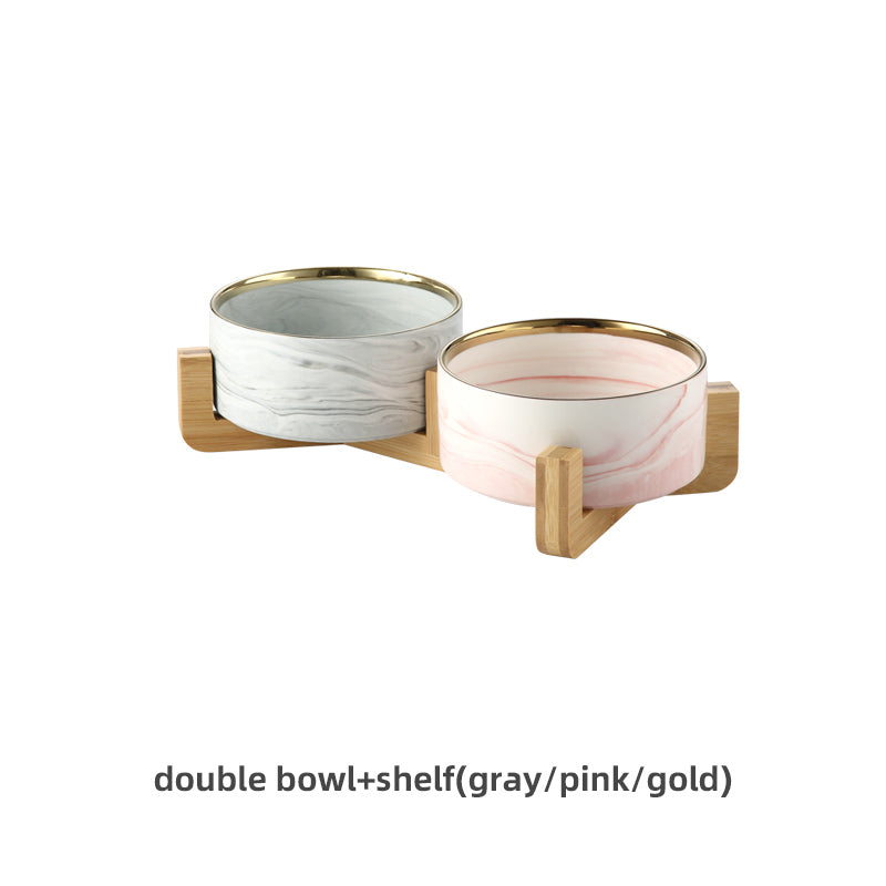 HKM-9837373 Stylish Ceramic Pet Bowls with Wooden Stands in Various Marble Patterns