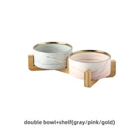 HKM-9837373 Stylish Ceramic Pet Bowls with Wooden Stands in Various Marble Patterns