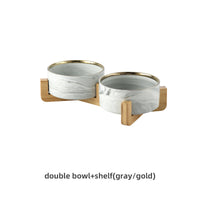HKM-9837373 Stylish Ceramic Pet Bowls with Wooden Stands in Various Marble Patterns
