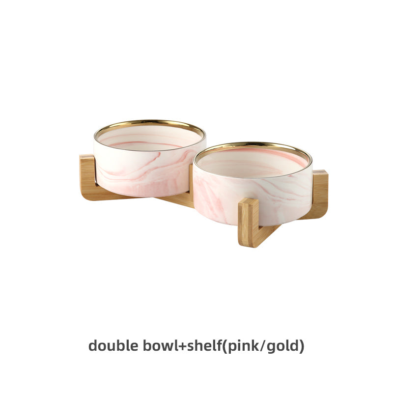 HKM-9837373 Stylish Ceramic Pet Bowls with Wooden Stands in Various Marble Patterns