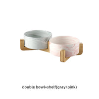 HKM-9837373 Stylish Ceramic Pet Bowls with Wooden Stands in Various Marble Patterns