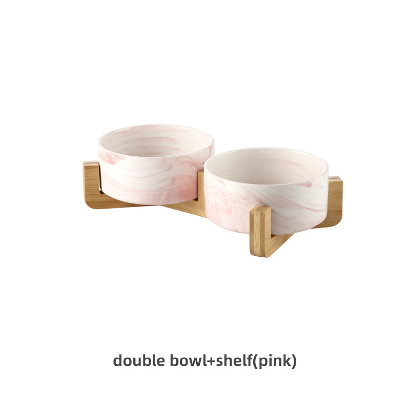 HKM-9837373 Stylish Ceramic Pet Bowls with Wooden Stands in Various Marble Patterns