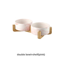 HKM-9837373 Stylish Ceramic Pet Bowls with Wooden Stands in Various Marble Patterns