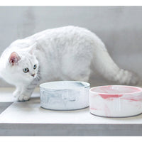 HKM-9837373 Stylish Ceramic Pet Bowls with Wooden Stands in Various Marble Patterns