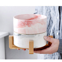 HKM-9837373 Stylish Ceramic Pet Bowls with Wooden Stands in Various Marble Patterns
