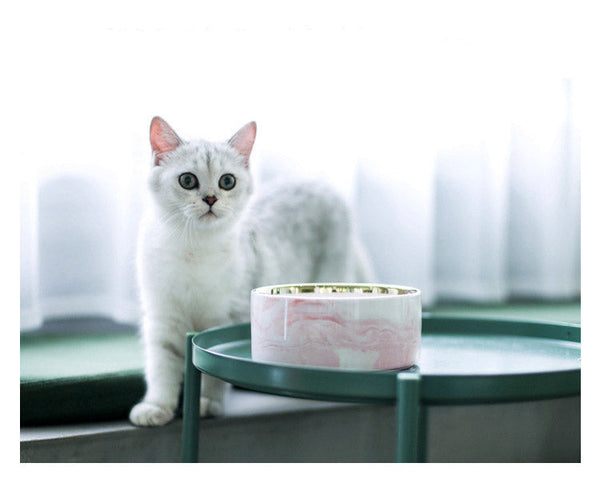 HKM-9837373 Stylish Ceramic Pet Bowls with Wooden Stands in Various Marble Patterns