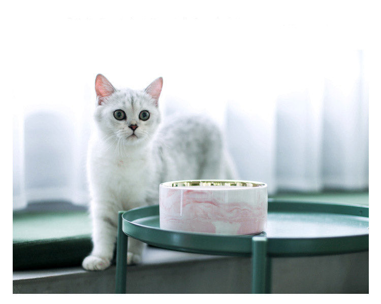 HKM-9837373 Stylish Ceramic Pet Bowls with Wooden Stands in Various Marble Patterns