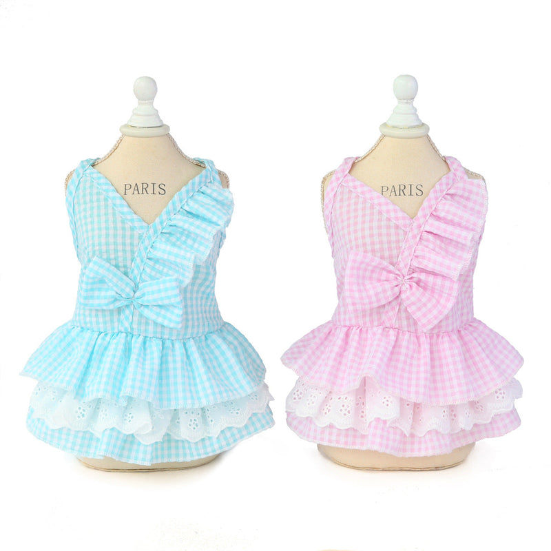 HKM-9837757 Stylish Bowknot Dress for Dogs in Blue and Pink - Cotton Fabric, Sizes S to XXL