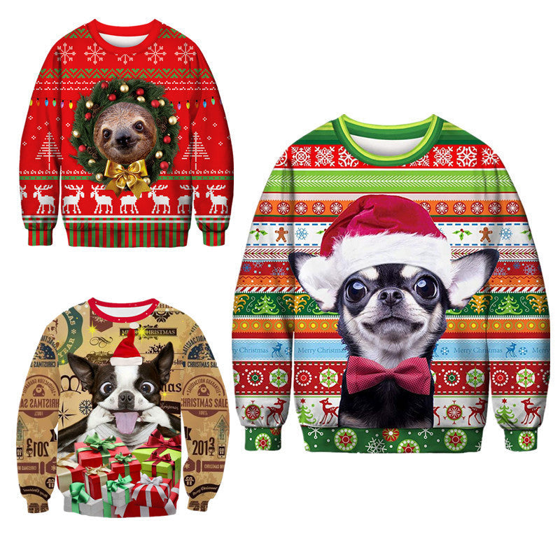 HKM-984275 Dog Digital Print Loose Fit Pullover Crew Neck Top in Polyester