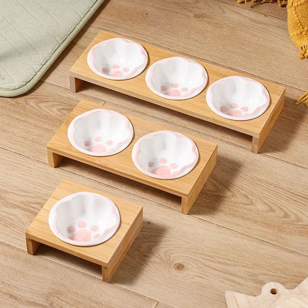 HKM-9843133 Bamboo Frame Hand-Colored Ceramic Bowls for Small Cats and Dogs, Support for Cervical Vertebrae Eating and Drinking