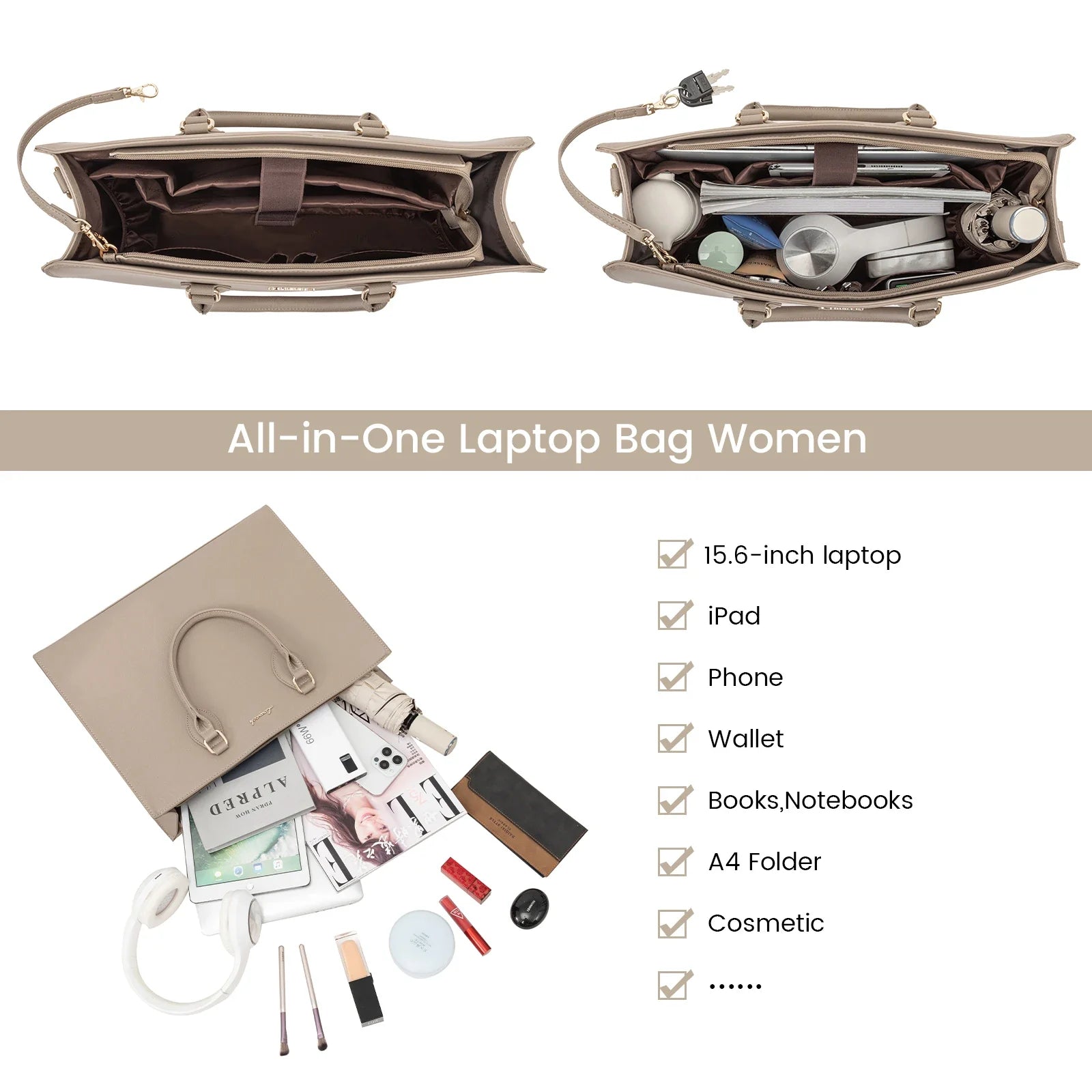 HKM-984531 Waterproof PU Leather Laptop Tote Bag for 15.6 in Devices – 2pcs Set for Professional Use