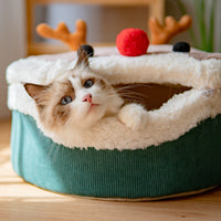 HKM-9846973 Cozy Elk Style Closed Cat Nest with Removable Washable Lambswool Interior