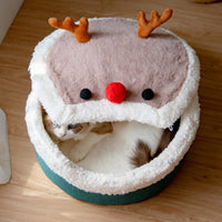 HKM-9846973 Cozy Elk Style Closed Cat Nest with Removable Washable Lambswool Interior