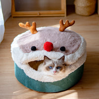 HKM-9846973 Cozy Elk Style Closed Cat Nest with Removable Washable Lambswool Interior