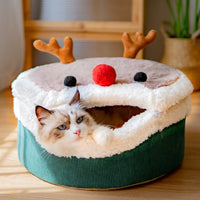 HKM-9846973 Cozy Elk Style Closed Cat Nest with Removable Washable Lambswool Interior
