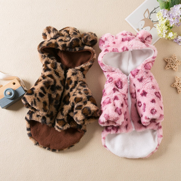 HKM-9851069 Leopard Print Dog Clothes for Autumn and Winter - Stylish Pet Apparel in Pink and Brown
