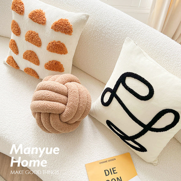 HKM-985107 Nordic Puff Balls Pillow Cushion - 45x45cm Semicircle and Geometric Design in Milk Tea