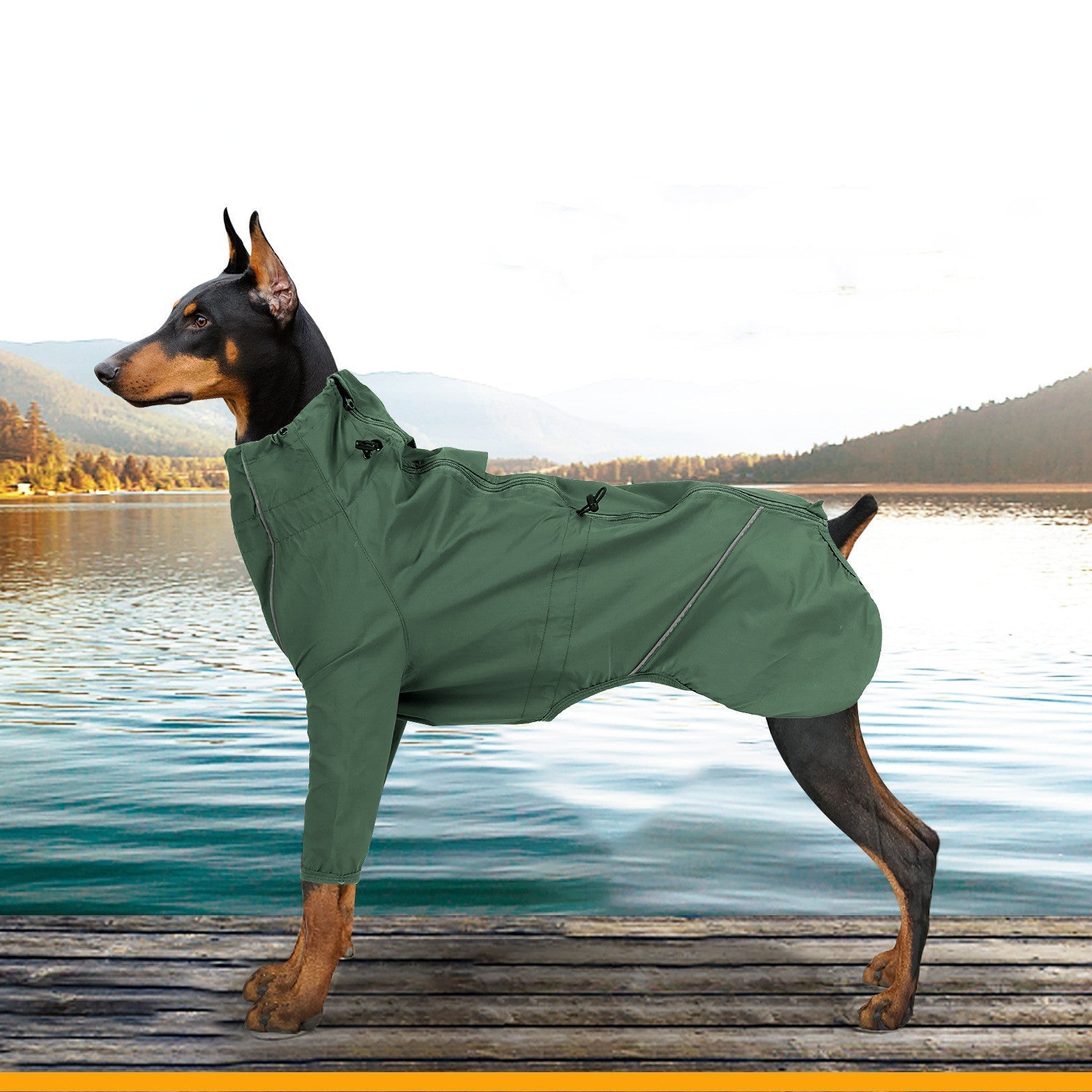 HKM-9852349 Reflective Raincoat with Traction Hole for Dogs - Military Green & Orange