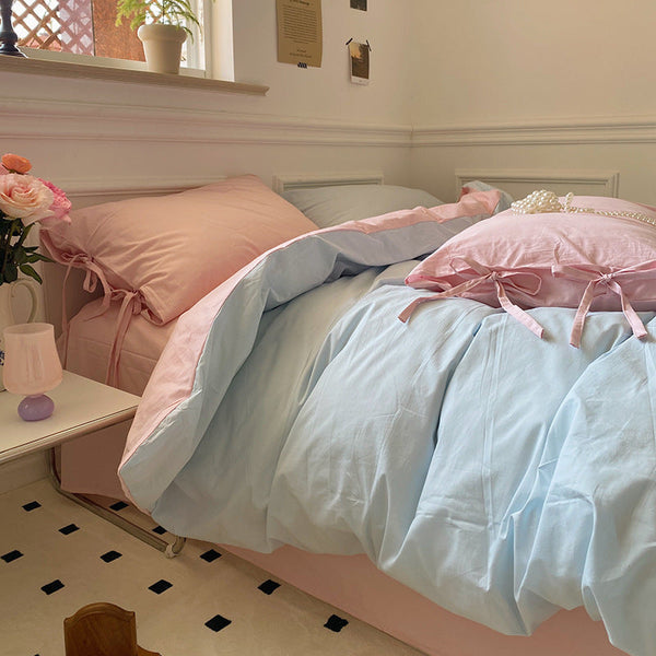 HKM-985299 Washed Cotton Four-Piece Bedding Set - Soft Solid Color Design for Comfort and Style
