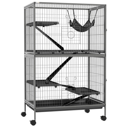 HKM-9856317 5-Tier Small Animal Cage with Hammock for Ferrets and Chinchillas, Heavy-Duty Steel Construction, Easy-Clean Design, 4 Doors, Mobile Wheels, Grey