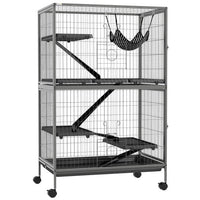HKM-9856317 5-Tier Small Animal Cage with Hammock for Ferrets and Chinchillas, Heavy-Duty Steel Construction, Easy-Clean Design, 4 Doors, Mobile Wheels, Grey