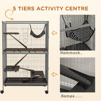 HKM-9856317 5-Tier Small Animal Cage with Hammock for Ferrets and Chinchillas, Heavy-Duty Steel Construction, Easy-Clean Design, 4 Doors, Mobile Wheels, Grey