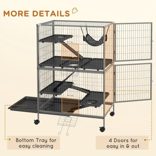 HKM-9856317 5-Tier Small Animal Cage with Hammock for Ferrets and Chinchillas, Heavy-Duty Steel Construction, Easy-Clean Design, 4 Doors, Mobile Wheels, Grey