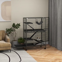 HKM-9856317 5-Tier Small Animal Cage with Hammock for Ferrets and Chinchillas, Heavy-Duty Steel Construction, Easy-Clean Design, 4 Doors, Mobile Wheels, Grey