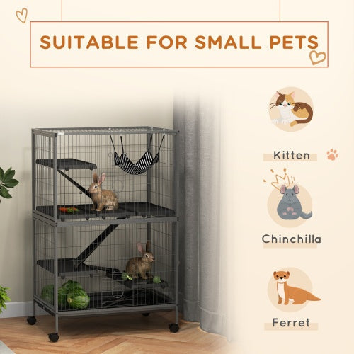HKM-9856317 5-Tier Small Animal Cage with Hammock for Ferrets and Chinchillas, Heavy-Duty Steel Construction, Easy-Clean Design, 4 Doors, Mobile Wheels, Grey