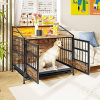 HKM-9862077 Stylish Large Wooden Dog Crate with Storage and Double Doors for Medium to Large Dogs, Brown