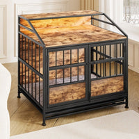 HKM-9862077 Stylish Large Wooden Dog Crate with Storage and Double Doors for Medium to Large Dogs, Brown