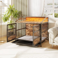HKM-9862077 Stylish Large Wooden Dog Crate with Storage and Double Doors for Medium to Large Dogs, Brown