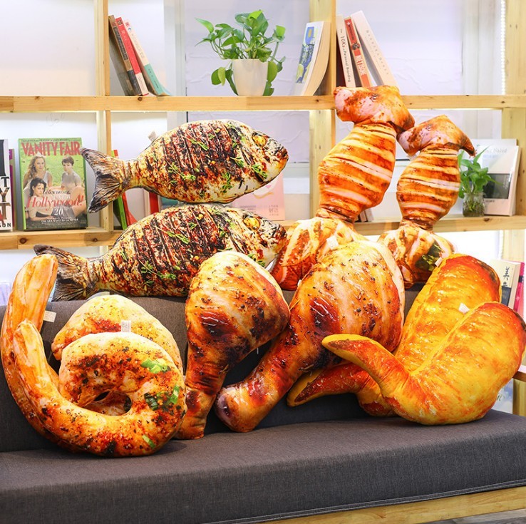 HKM-986515 Food-Themed Plush Pillows - Creative Simulation Designs of Chicken Leg, Grilled Fish, Shrimp, Squid, and Chicken Wings