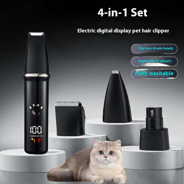 HKM-9866045 4-in-1 Electric Pet Shaver Set with Digital Display for Dogs and Cats, Includes Replacement Head and Charging Cable