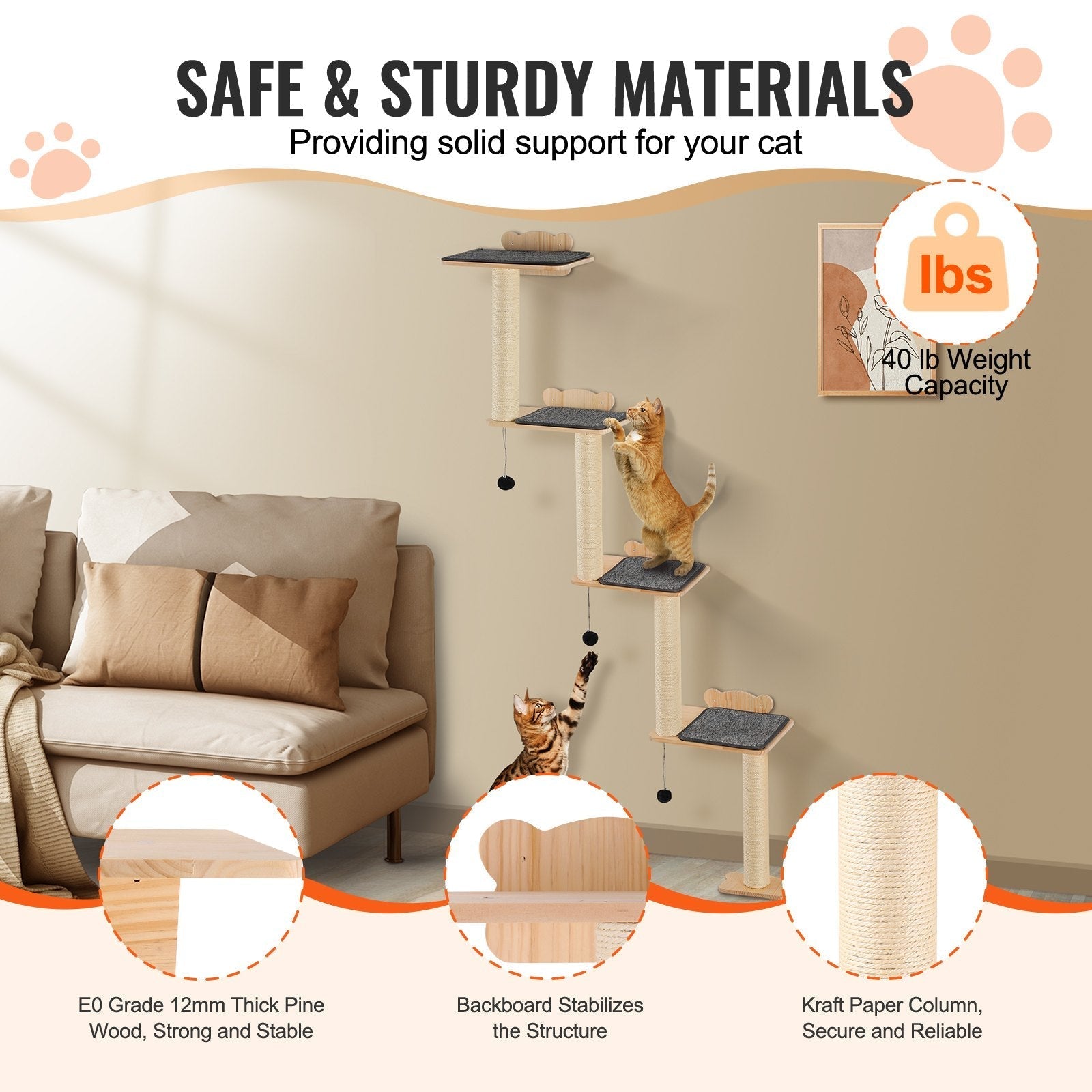 HKM-9867453 Wall Mounted Cat Shelf Tree with Climbing Platforms, Posts, and Toy Balls