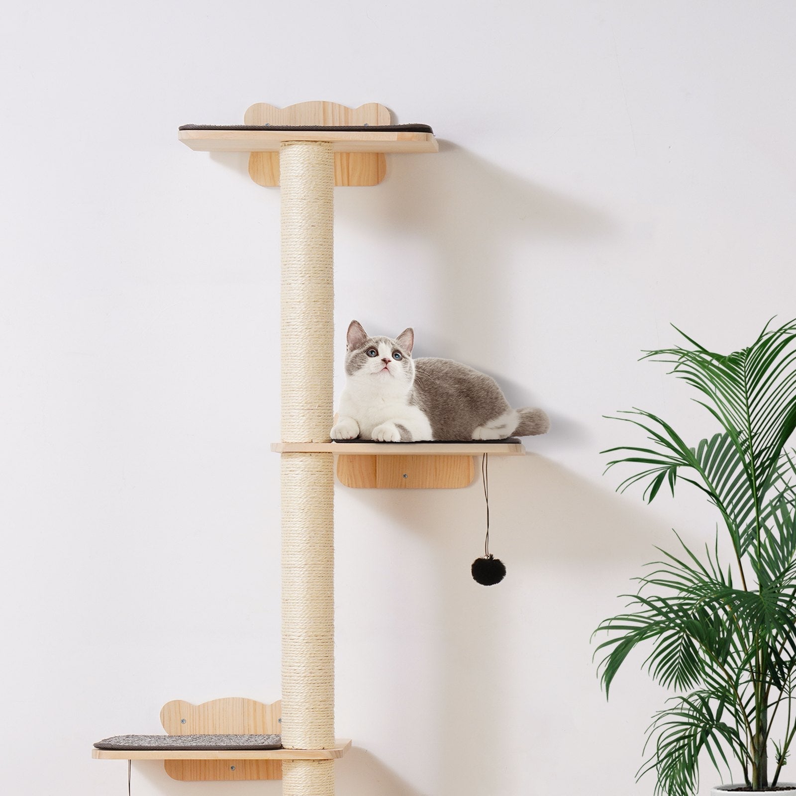 HKM-9867453 Wall Mounted Cat Shelf Tree with Climbing Platforms, Posts, and Toy Balls